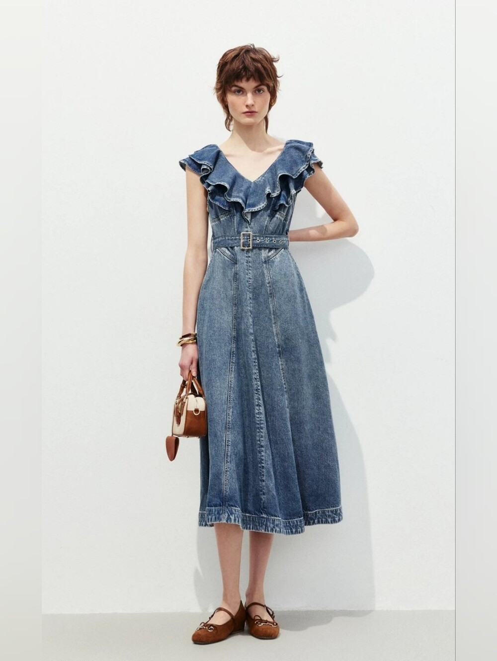 ONLY Romantic Denim Ruffle Midi Dress | Lyocell / Tencel | Belted V-Neck
